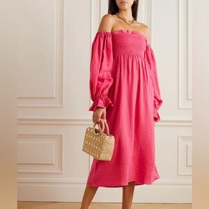 Sleeper Atlanta off-the-shoulder linen shirred midi dress in pink